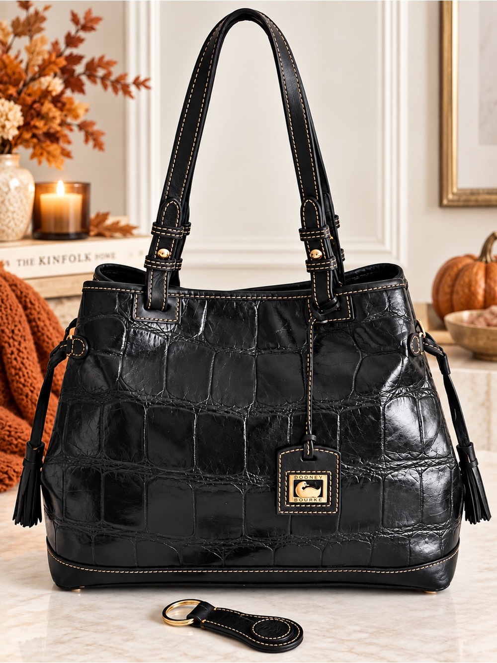 Dooney & Bourke Black Croc Embossed Leather Tassel Tote Shoulder Bag